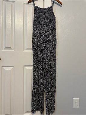 Old Navy Black Floral Smocked Jumpsuit with Spaghetti Straps